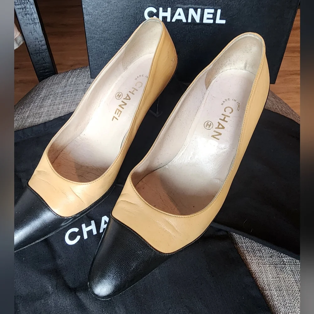Authentic CHANEL Black and Tan Heels - Picture 2 of 15